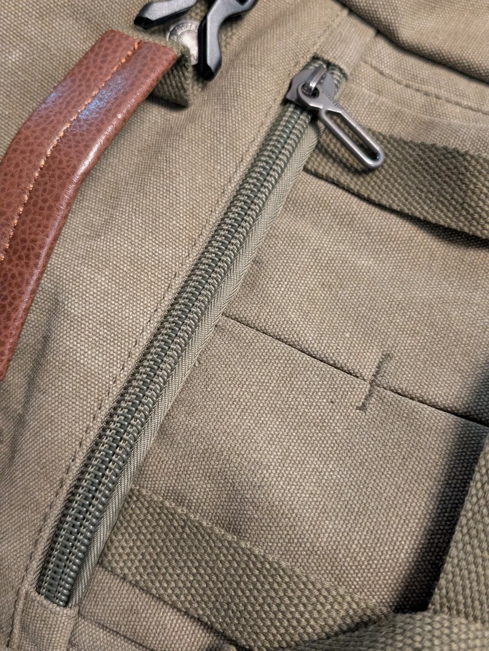 Canvas Travel Backpack in Khaki with Leather Accents - Picture 10 of 13